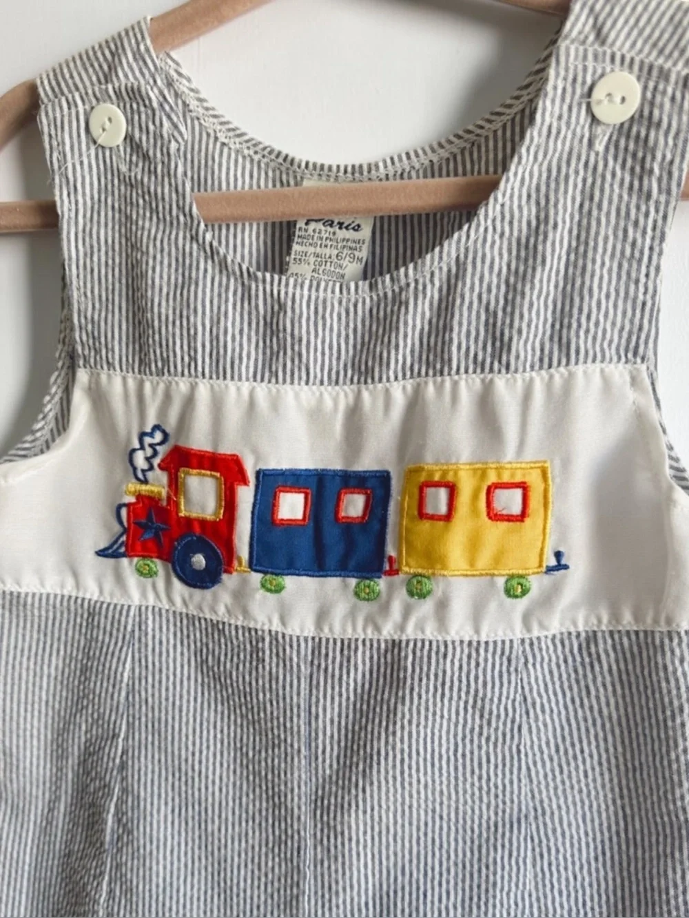 Vintage Baby Paris Seersucker Smocked Romper - Train Embroidery, 6-9 months